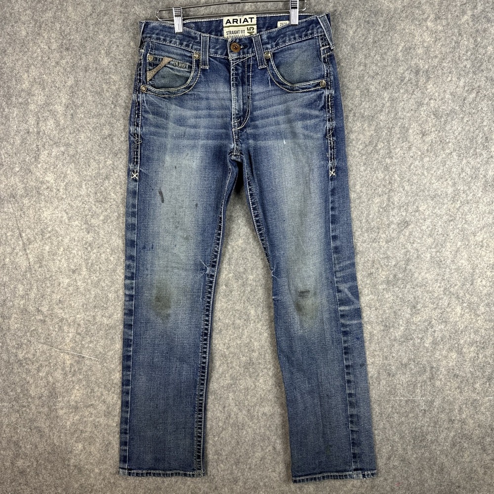 Ariat M5 Jeans Men 29x32 Blue Straight Fit Straight Leg Whiskered Western Cowboy